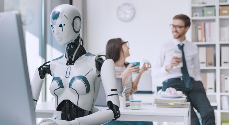 Efficient,Ai,Robot,Working,In,The,Office,And,Lazy,Employees