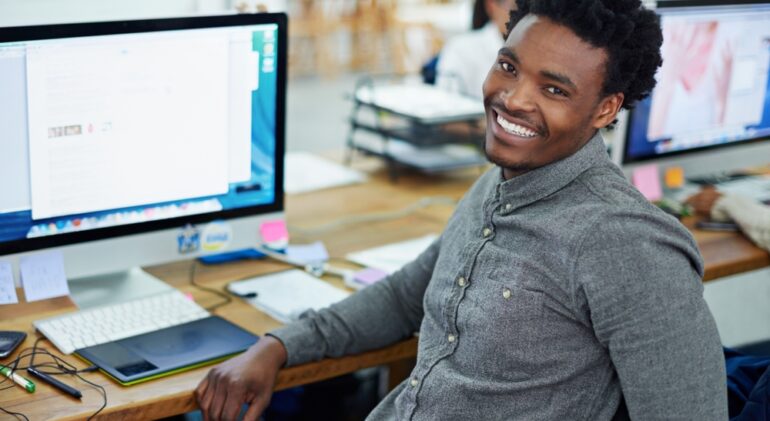 Man,,Portrait,And,Creative,In,Office,With,Web,Designer,,Website